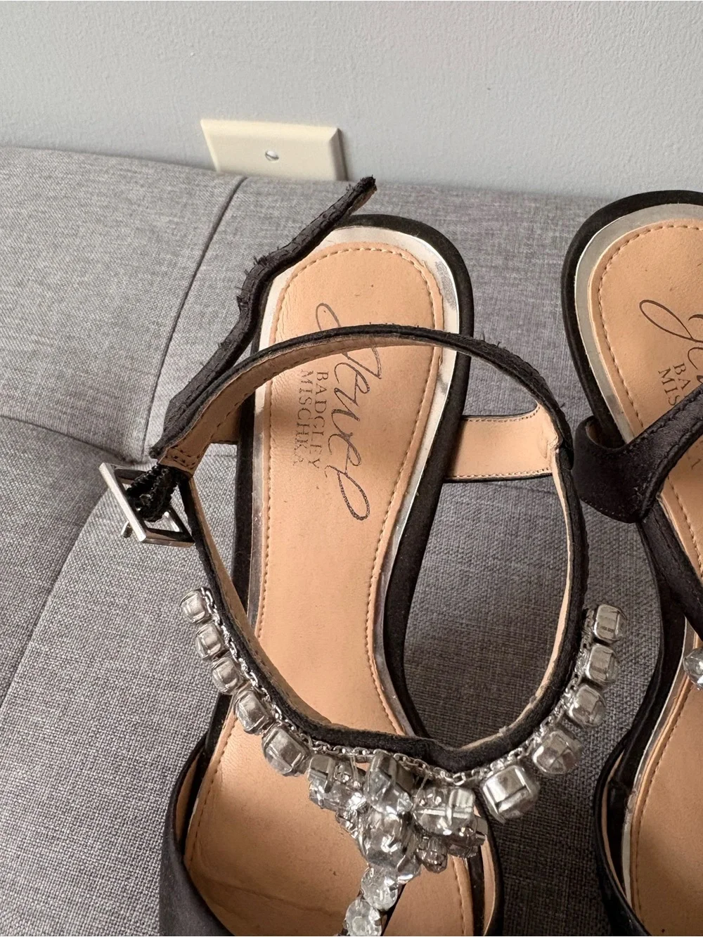 Black T-Strap Crystal Embellished Women's Heels